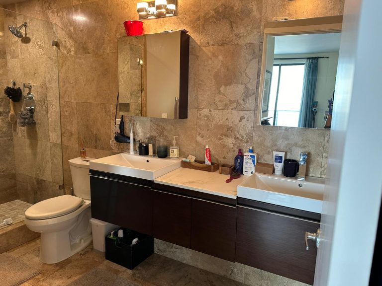 Clean bathroom with double vanity after a Mary's House Cleaning visit